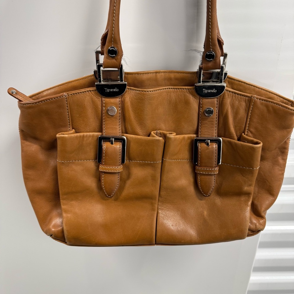 Tignanello Brown Leather Handbag Tote Shoulder Bag Silver Hardware–Quiet Luxury